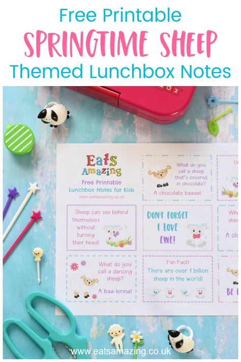 Download your FREE Springtime Sheep themed lunchbox notes for kids - with sheep jokes quotes and fun facts #EatsAmazing #Easter #lunchbox #lunchboxnotes #schoollunch #lunchnotes #kidsfood #funfood #bento #packedlunch #printable #freeprintable #jokes #funfacts #facts #easterfun Printable Lunchbox Notes, Lunchbox Notes For Kids, Healthy Easter Recipes, Easter Fun Food, Printable Lunch Box Notes, Easter Party Food, Wacky Holidays, Lunchbox Notes, Easter Activities For Kids