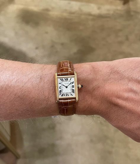 Tank Watch Cartier, Tank Louis Cartier Watch, Gold Watch With Leather Strap, Cartier Leather Watch, Cartier Watch Tank, Cartier Gold Watch, Masculine Accessories, Tank Louis Cartier, Cartier Tank Louis