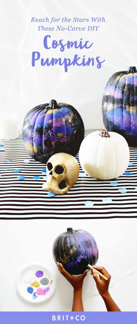 These pumpkins are out of this world! Save this fun DIY to make your own Halloween cosmic pumpkins. Fish Pumpkin, Creative Pumpkin Carving Ideas, Pumkin Decoration, Carve Pumpkins, Creative Pumpkin Painting, Halloween Countdown Calendar, Unicorn Pumpkin, Creative Pumpkin Carving, Fabric Paint Diy