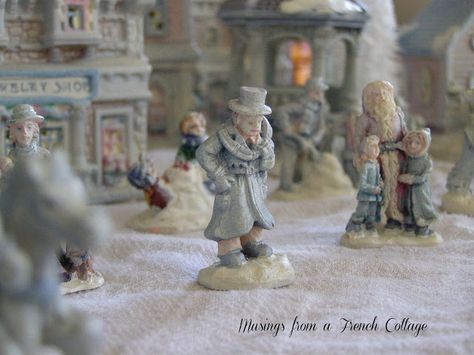 Musings From A French Cottage: Dollar Store Christmas Village Makeover Dollar Store Christmas Village, Christmas Village Makeover, Dollar Tree Christmas Village, Dollar Tree Houses, Dollar Tree Dollhouse, Christmas Decor Office, French Country Living Room Decor, Country Living Room Decor, Christmas Village Ideas