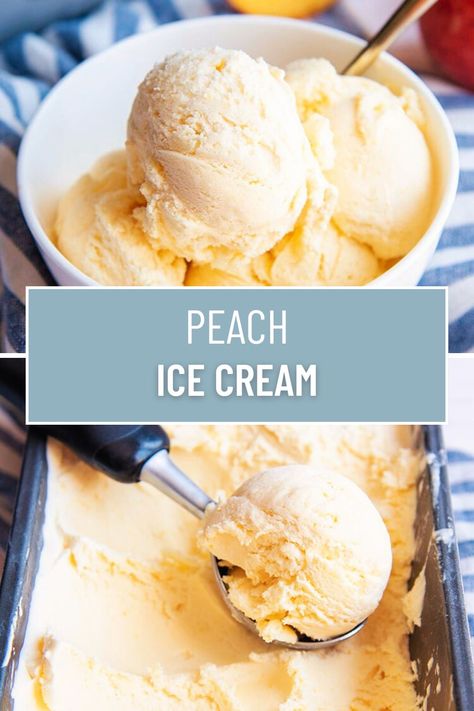 This homemade peach ice cream is so rich and creamy with a delicious fresh peach taste throughout. Its so easy to make, and has the perfect taste of summer in every bite. Peach Ice Cream Homemade Machine, Homemade Peach Ice Cream Churned, Peach Ice Cream Homemade, Easy Peach Ice Cream, Jello Ice Cream, Homemade Ice Cream Recipes Machine, Peach Ice Cream Recipe, Peach Jello, Homemade Peach Ice Cream