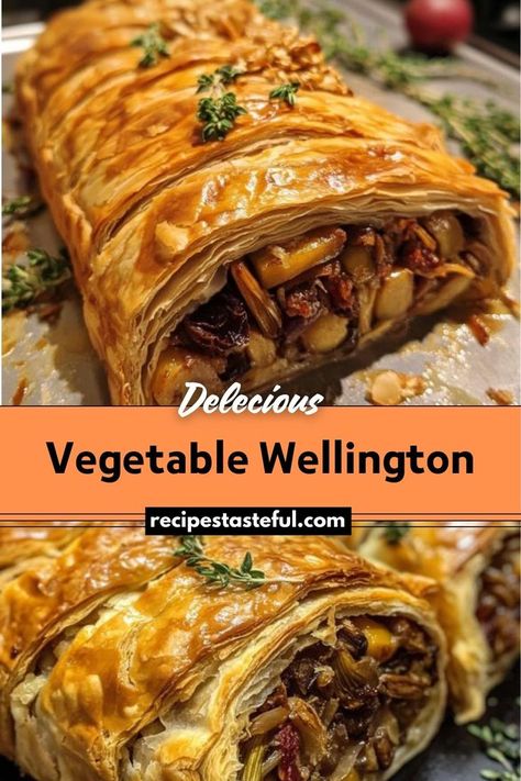 Vegetable Wellington is a stunning and flavorful dish perfect for special occasions or holiday meals. This recipe features a savory mixture of mushrooms, zucchini, carrots, and spinach wrapped in golden, flaky puff pastry. It’s an elegant vegetarian option that combines rich, earthy flavors with a crisp pastry exterior. Vegetarian Wellington Christmas, Veggie Wellington Recipe, Vegetable Pastry Recipes, Vegetarian Wellington Recipe, Mushroom Wellington Vegetarian, Fancy Vegetarian Dinner, Veggie Wellington, Vegetable Wellington, Vegetarian Wellington