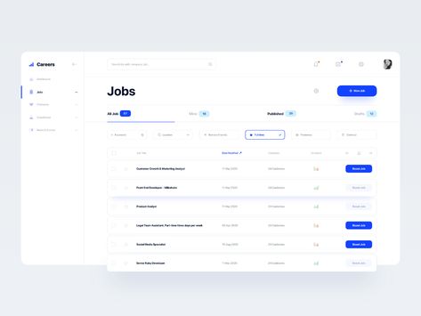 I am imagining if I am working on the Job & Hiring platform, here is the style I want to introduce to the client.Hope you like it! Any feedback is welcome!• Hire Me: hello@tranmautritam.com... Admin Ui, Ui Design Dashboard, Web Dashboard, Wireframe Design, Dash Board, Ui Design Website, Dashboard Ui, Web Ui Design, Dashboard Design