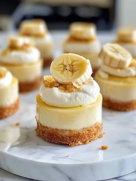 Martha Stewart recipes for | Irresistible Mini Banana Pudding Cheesecakes 🍰💛🍌 | Facebook Mini Banana Pudding, Sour Cream Substitute, Cooking Fever, Banana Pudding Cheesecake, Cookie Crunch, Banana Cheesecake, Mini Bananas, Martha Stewart Recipes, Sugar Free Pudding