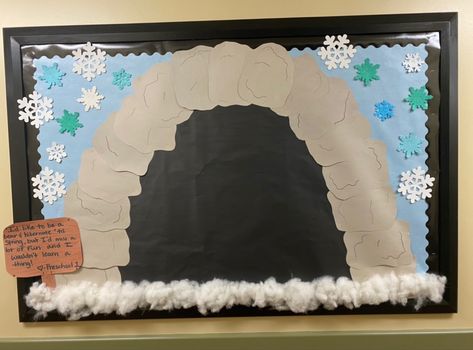 Bear Cave Bulletin Board, Cave Crafts For Preschool, Bear Hunt Bulletin Board, Artic Animal Bulletin Board, Bear Cave Dramatic Play, Igloo Bulletin Board Ideas, Hibernation Bulletin Board Ideas, Cave Bulletin Board, Polar Bear Bulletin Board