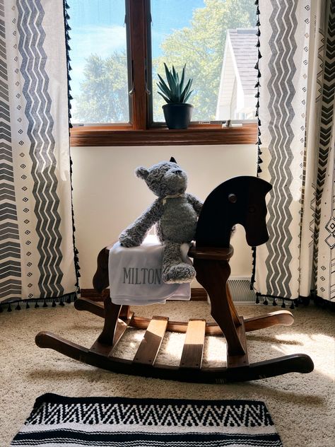 Nursery Rocking Horse, Rocking Horse Aesthetic, Nursery Horse Theme, Rocking Horse Nursery, American Nursery Theme, Nursery Bookends, Antique Rocking Horse, Horse Nursery, Horse Bookends