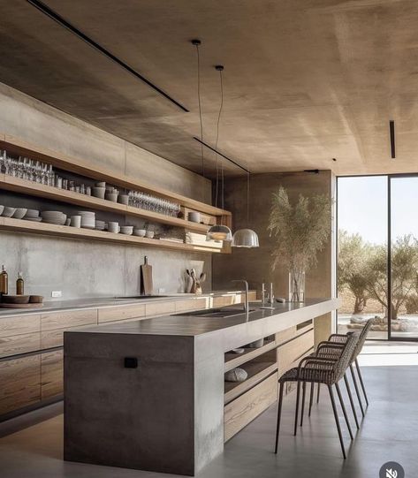 Concrete Home Design, Modern Concrete Home, Modern Konyhatervezés, Concrete Kitchen Island, Traditional Kitchen Cabinets, Interior Dapur, Industrial Kitchen Design, Concrete Home, Modern Kitchen Island