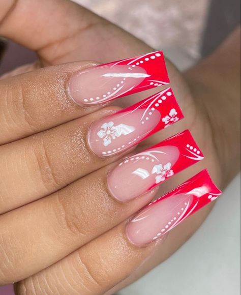 Red French Tip Hibiscus Nails, Dominican Nails, Country Acrylic Nails, Cruise Nails, No Chip Nails, Long Acrylic Nail Designs, Diy Acrylic Nails, Drip Nails, Colored Acrylic Nails