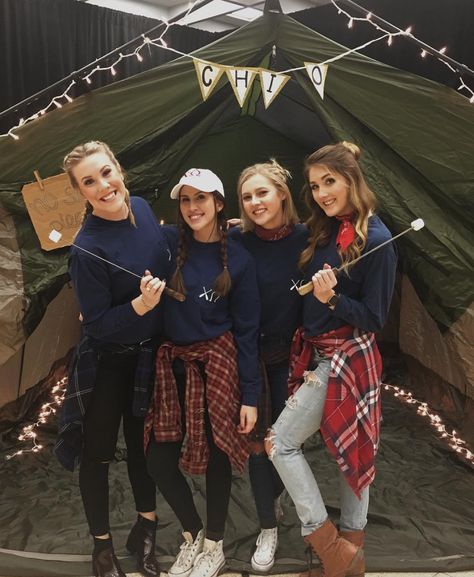 Flannel with letters? Camping Theme Outfit, Sorority Recruitment Ideas, Winshape Camps, International Girls Day, Camping Baby Shower Theme, Sorority Decorations, Conversation Tips, Sisterhood Retreat, Cute Camping Outfits