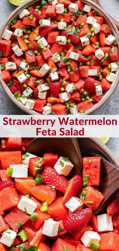 Strawberry Watermelon Feta Salad is sweet, salty, a little spicy, and perfect for summer! Serve this refreshing and easy to make side dish at your next barbecue, pool party, or picnic. #salad #watermelon #strawberries #watermelonsalad #feta #sidedish #summersalad Strawberry Feta Salad, Salad Watermelon, Picnic Salad, Salad With Cucumber, Watermelon Feta Salad, Watermelon And Feta, Watermelon Salad, Salad Recipes For Dinner, Yummy Salad Recipes