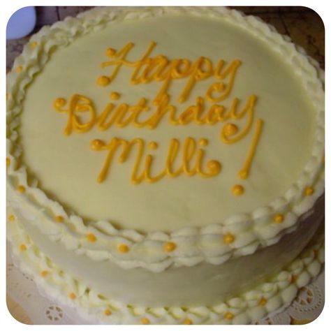 Happy birthday Milli Ube Roll Cake Recipe, Ube Macapuno Cake, Written Happy Birthday, Ube Roll, Lemon Birthday Cakes, Ube Cake, Dessert Catering, Birthday Cake Writing, Tea Lounge