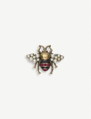 GUCCI - Bee crystal and brass brooch | Selfridges.com Gucci Brooch, Designer Luxury Yellow Gold Brooches, Luxury Designer Yellow Gold Brooches, Flared Suit, Gucci Bee Earrings, Gucci Bee Brooch, Gucci Bee, Luxury Antique Enamel Pin Brooch, Loafers Gucci