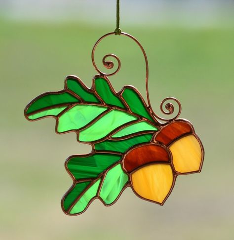 Stained Glass Acorn Fall Leaves Windows Hangings Housewarming Decor Easy Stained Glass Suncatchers, Stained Glass Thanksgiving, Stained Glass Sunflower Pattern, Fox Stained Glass Patterns, Stained Glass Fall Patterns, Stain Glass Ornament, Stain Glass Patterns Free, Fall Stained Glass Patterns, Fall Stained Glass Ideas