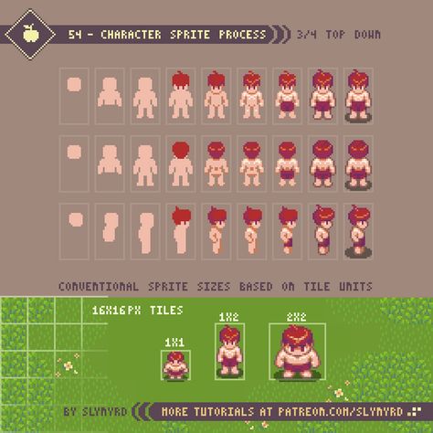 Tutorial - 54 - Character Sprite Process | Slynyrd on Patreon Character Pixel Art, How To Pixel Art, Top Down Game, Idle Game, Pixel Characters, Pixel Art Tutorial, Arte 8 Bits, 8bit Art, Cool Pixel Art