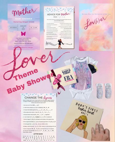 Taylor Swift Baby Shower Theme Girl, Taylor Swift Theme Baby Shower Ideas, Taylor Swift Games Party, Taylor Swift Themed Baby Shower Ideas, Taylor Swift Shower Ideas, Lover Baby Shower Theme, Swiftie Baby Shower Theme, Baby Shower Taylor Swift Theme, Taylor Swift Baby Shower Theme Boy