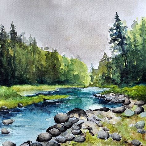 Watercolor Landscape - riverside art Watercolor Scenery, 달력 디자인, Watercolor Art Landscape, River Painting, Watercolour Inspiration, Seni Cat Air, Watercolor Landscape Paintings, 수채화 그림, Watercolor Trees