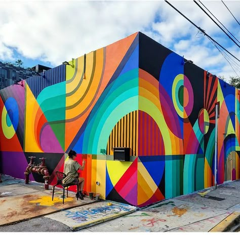 Artistic collaboration:: Jessie Unterhalter and Katey Truhn (@jessieandkatey) • Instagram photos and videos Lower Deck Ideas, College Prospectus, Wall Paint Inspiration, Mural Pattern, Black Ink Art, Street Installation, Garden Mural, Colorful Buildings, Mural Inspiration