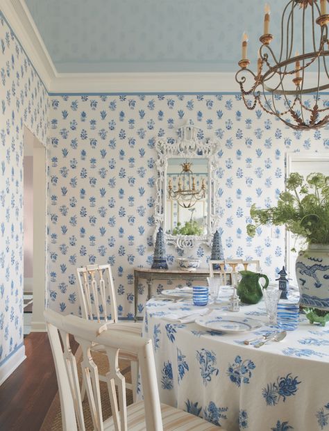 Blue And White Dining Room, Refinished Chairs, Schumacher Wallpaper, Chicago Design, Blue White Decor, White Dining Room, Wall Trim, White Rooms, The Dining Room