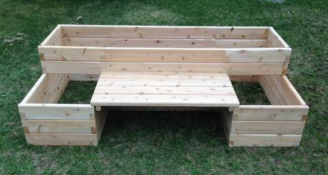 raised bed with bench - I REALLY like this! Bed With Bench, Pallet Garden Benches, Tree Limbs, Raised Garden Bed Kits, Raised Flower Beds, Vegetable Garden Raised Beds, Building A Raised Garden, Beautiful Outdoor Spaces, Pallet Garden