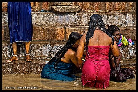 Bathing in the river Godavari on the banks of Rajahmundry city, Andhrapradesh. on the occasion of Pushkaram, an event which occurs every 12 years. Ganga River, Indian Culture And Tradition, Wet Dress, Nauvari Saree, Women Bathing, Varanasi, A Photo, Actresses