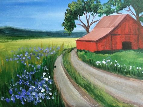 Beginners Acrylic Painting, City Landscapes, Farm Paintings, Acrylic Painting Ideas, Barn Painting, Barn Art, Country Paintings, Acrylic Painting For Beginners, Spring Painting