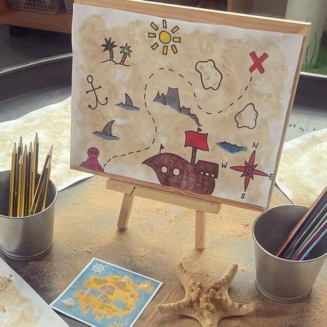 Demi Owens ✨ on Instagram: "Treasure Maps 🗺️ Inspiration from @miss_e_early_years . . . #eyfs #eyfsideas #eyfsinspiration #eyfsteachers #eyfscontinuousprovision #passioninprovision #eyfsprovisionshare #chooseplaylearn #earlyyears #earlyyearsteacher #allaboutearlyyears #magicofprovision" Maps Eyfs, Pirates Eyfs, Dinosaurs Eyfs, Eyfs Nursery, Early Years Teacher, Pirate Treasure Maps, Outdoor Play Spaces, Dramatic Play Area, Treasure Map