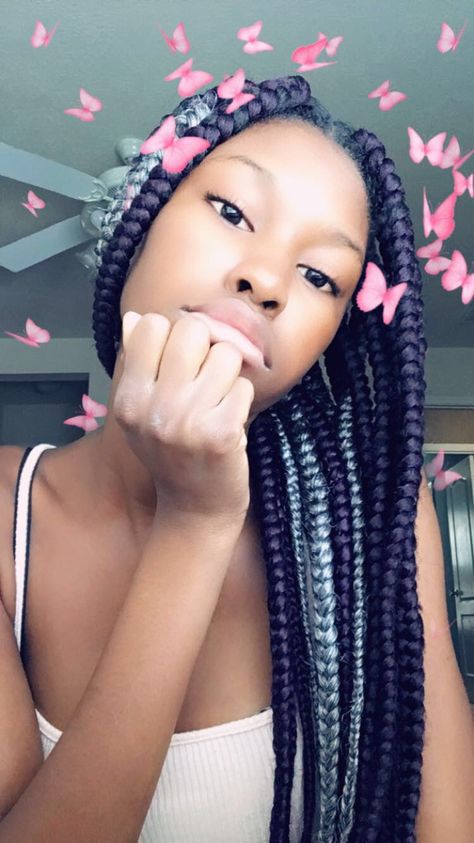 Grey And Purple Box Braids, Braided Hairstyles Purple And Black, Box Braids With Purple Highlights, Purple And Black Box Braids, Box Braids Hairstyles Purple, Grey Box Braids, Dark Purple, Box Braids, Braids