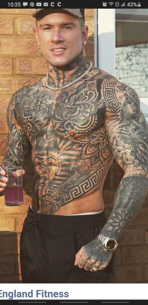 Egyptian Stomach Tattoo, Cheat Pieces For Men Tattoo, Front Body Tattoo Men, Stomach Sleeve Tattoo, Full Front Tattoo Men, Tattoo Throat Men, Chest And Neck Tattoos Men, Egyptian Chest Tattoo Men, Tattoo Cotes