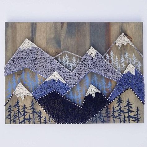 Mountain String Art, Mountain Gifts, Dusty Blue And Navy, Wire Nails, Mountain Crafts, Blue Trees, String Art Templates, Nail String, Ski Decor