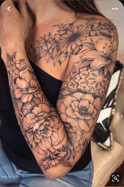 Shoulder Sleeve Tattoos, Arm Sleeve Tattoos For Women, Tattoos For Women Flowers, Tattoos For Women Half Sleeve, Mother Tattoos, Floral Tattoo Sleeve, Tattoos For Black Skin, Forearm Tattoo Women, Pretty Tattoos For Women