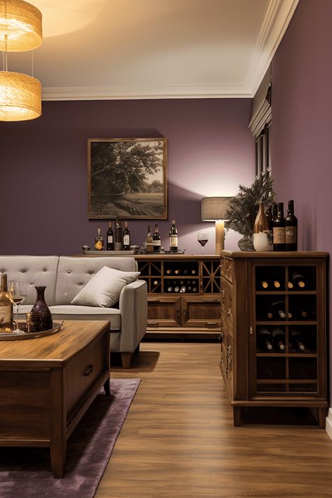 Colors that Go with Plum Walls: Realistic Living Area with Quality Brown Furniture Paint Color Room Ideas, Living Room Purple Decor, Wall Colors For Living Room With Brown Furniture, Wine Bedroom Color, Plum Color Walls, Deep Purple Dining Room, Coloring Wall Ideas, Plum Paint Colors Living Room, Plum Suede Magnolia Paint