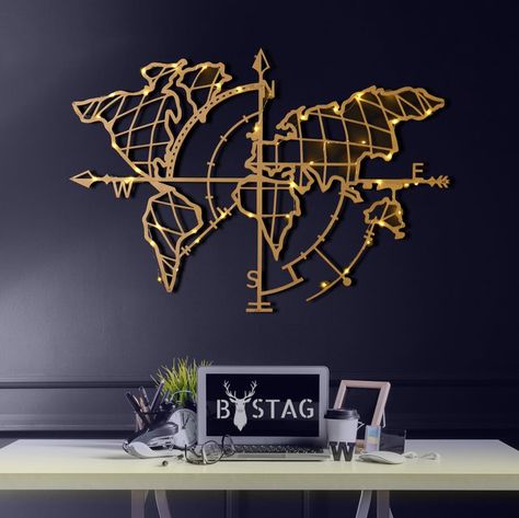 Rose Gold Lamp, Gold World Map, Compass Wall Decor, World Map Wall Decor, Travel Wall Decor, Map Wall Decor, Interior Wall Decor, Maputo, World Map Wall