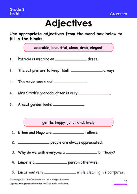 Subscribe to https://www.grade1to6.com/register-new.php#home for just $1.25 / Rs 100 a Year to access 6000 plus English & Math Worksheets for Grade 1 to Grade 6 Curriculum: CBSE / ICSE / NCERT/ SCERT / IB (PYP / MYP1) #mathworksheets #englishworksheets #backtoschool #cbse #pyp Tenses Worksheet, Third Grade Grammar Worksheets, Third Grade Grammar, Adjectives Exercises, Third Grade Worksheets, Free English Worksheets, English Adjectives, Adjective Worksheet, Worksheets For Grade 3