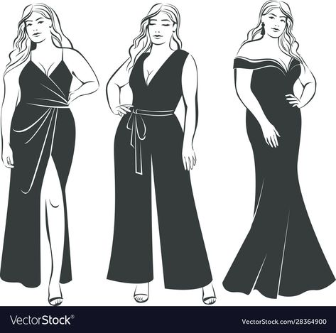 Fashion Illustration Plus Size, Plus Size Drawing, Plus Zise, Blouse Designs Catalogue, Fashion Vector, Painted Florals, Figure Dress, Dress Design Drawing, Fashion Silhouette