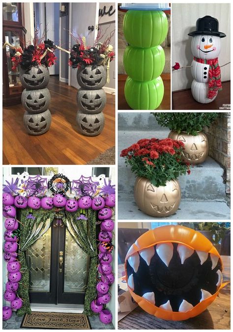 Bucket Craft Ideas, Pumpkin Bucket Crafts, Plastic Pumpkins Bucket, Bucket Crafts, Pumkin Decoration, Pumpkin Snowmen, Pumpkin Pail, Cheap Diy Halloween Decorations, Dekorasi Halloween