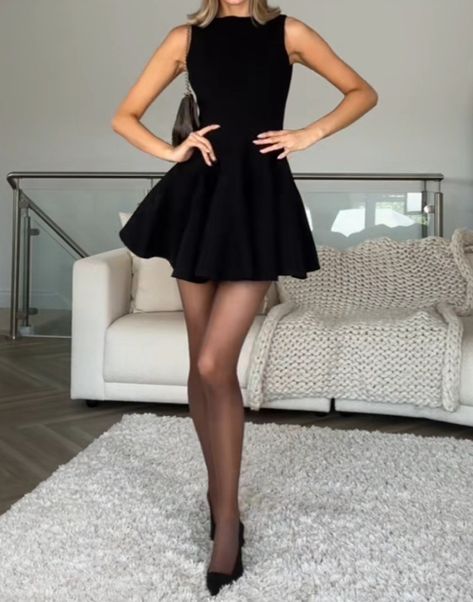 Short Dress With Stockings Outfit, Dress With Stockings Outfit, Outfits Night Out, Modest Casual Outfits, Stockings Outfit, Dress With Stockings, Girls Fall Outfits, Black Short Dress, Fashion Tights