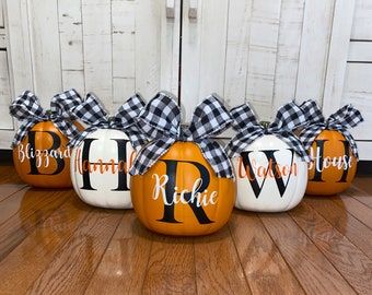 Pumpkin decor | Etsy Personalized Pumpkins, Pumpkin Porch, Pumpkin Family, Fall Pumpkin Decor, Porch Pumpkins, Pumpkin Topiary, Name Crafts, Plastic Pumpkins, Artificial Pumpkins