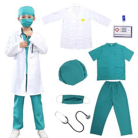 PRICES MAY VARY. 【Doctor Scrubs 7pc set】Our doctor costume for kids apparel offers other accessories besides surgical gowns and pants sets, such as white coats, stethoscope props and work permits, so that your child can have the most realistic play experience 【Multi-Medium Size Selection】We designed four different sizes of this kids doctor costume, which is suitable for boys girls children aged 4-17 Years. Please select the right size before purchasing 【Four-way stretch fabric】 Our doctor costum Toddler Doctor Costume, Surgical Gowns, Kids Scrubs, White Coats, Pretend Play Costumes, Doctor Scrubs, Up Halloween Costumes, Role Play Costume, Costume For Kids