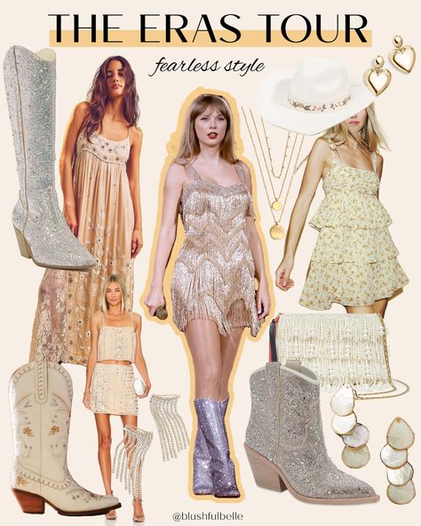 Outfit inspiration for the Fearless Era 🤍 Taylor Swift The Eras Tour outfit ideas. Concert outfits, taylor swift songs, taylor swift outfit ideas Enchanted Taylor Swift Outfit Ideas, Fearless Era Aesthetic Outfits, Ts Fearless Outfit, Taylor Swift Fearless Outfits Eras Tour, Era Tour Outfits Fearless, Taylor Swift Concert Outfit Ideas Fearless Era, Taylor Swift Inspired Outfits Debut, Taylor Fearless Outfits, Taylor Swift Outfits Fearless Era