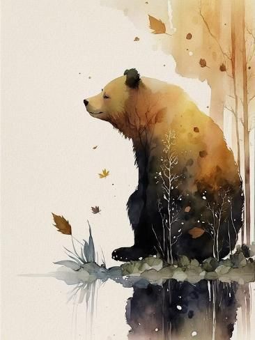 size: 12x9in Art Print: Brown Bear by Lana Kristiansen : Watercolor Bear Illustration, Whimsical Animals Art, Abstract Bear Art, Black Bear Watercolor, Brown Bear Drawing, Bear Acrylic Painting, Bear Illustration Art, Watercolor Bears, Brown Bear Art