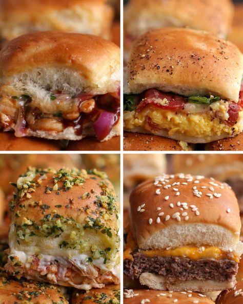 Sliders Four Ways Chicken Parmesan Sliders, Masakan Malaysia, Bbq Chicken Sliders, Breakfast Slider, Cheeseburger Sliders, Tasty Videos, Slider Recipes, Idee Pasto Sano, Appetizer Snacks