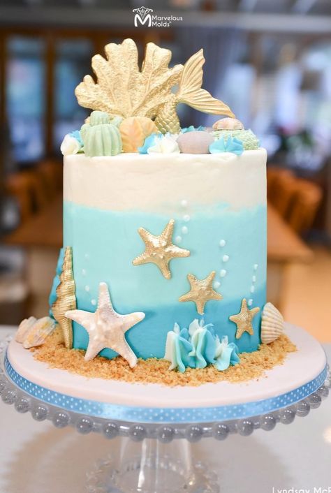 Sea Cake Ideas Birthday, Clam Shell Cake, Beach Themed Birthday Cakes, Ocean Cake Ideas, Shell Cake, Beach Birthday Cake, Seashell Cake, Ocean Cake, Cockle Shells