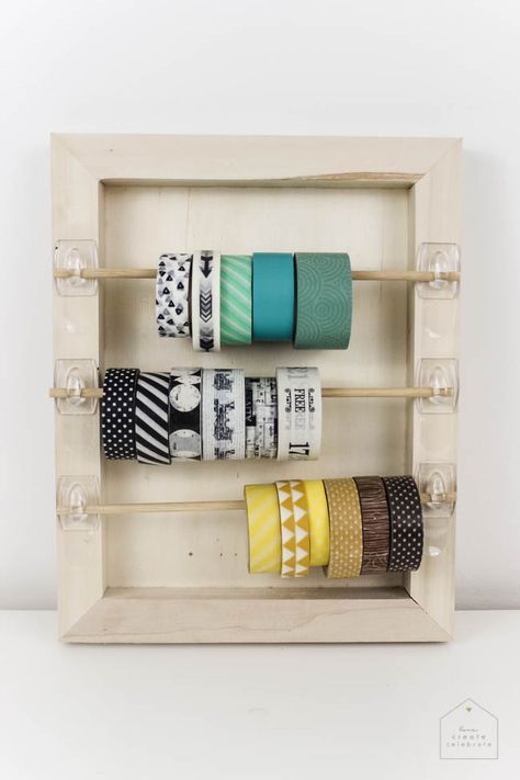 Organize your craft space with this simple DIY that will take you less than 5 minutes! Great for washi tape, ribbon, twine, etc. and PERFECT for any craft space! Diy Washi Tape Organizer, Washi Tape Organizer, Ribbon Organizer, Washi Tape Storage, Tape Organizer, Crafts Simple, Ribbon Holders, Tape Storage, Craft Workshop