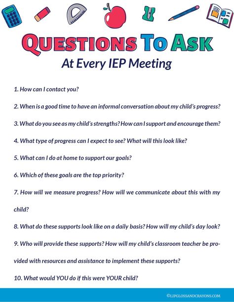 Gearing up for an IEP meeting? Here are 10 questions every parent should ask....and a printable to bring with you! Iep Binder, Iep Organization, Individual Education Plan, Iep Meetings, Teaching Special Education, Iep Goals, School Psychologist, School Psychology, Learning Disabilities