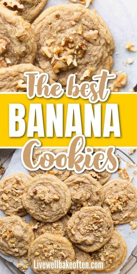 These banana cookies from Live Well Bake Often taste like your favorite banana bread, but in cookie form! Feel free to omit the nuts or swap in chocolate chips for a completely delicous snack! Don't wait! Make these banana cookies today! They really are delicious! Banana Flips, Live Well Bake Often, Banana Cookie Recipe, Banana Bread Cookies, Banana Dessert Recipes, Banana Cookies, Walnut Cookies, Banana Dessert, Cookie Bar Recipes