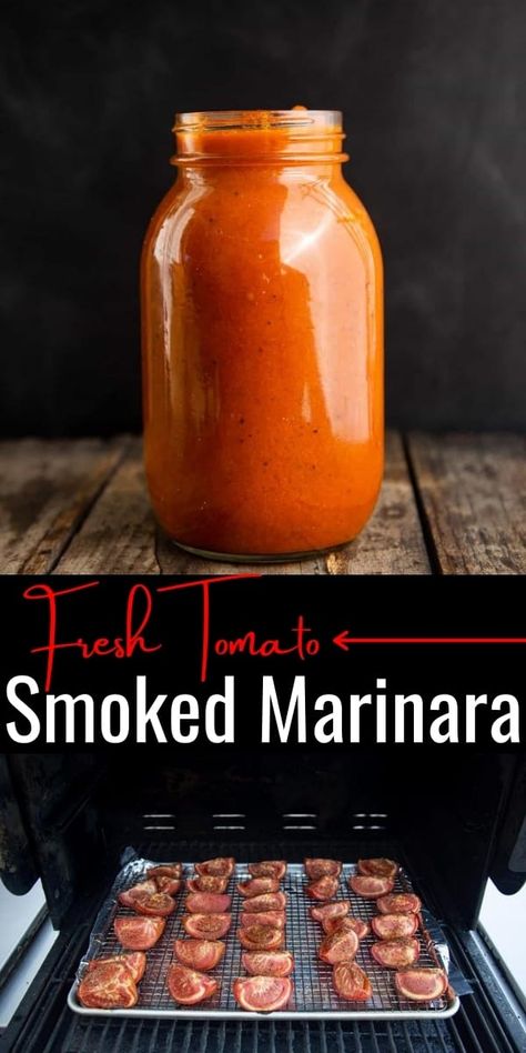 Learn how to smoke fresh tomatoes to make a delicious tomato marinara sauce. It is perfect on pasta or meatball subs!! Smoked Pasta Sauce, Smoked Tomatoes In Smoker, Smoked Tomato Sauce, Smoked Marinara Sauce, Tomato Marinara Sauce, Traeger Cooking, Pellet Smoker Recipes, Traeger Grill Recipes, Smoked Tomatoes