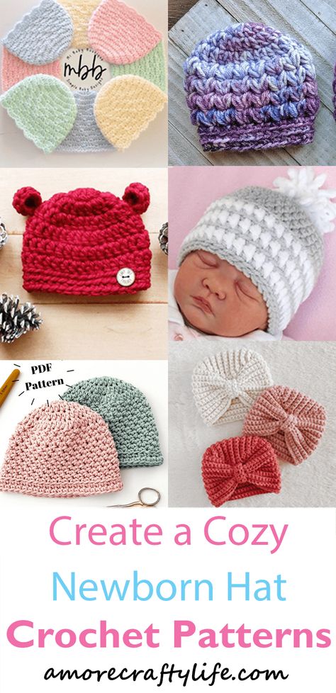 15 Cute Crochet Newborn Hat Patterns - A More Crafty Life Chunky Crochet Throw Blanket, Newborn Crochet Hat Pattern, Baby Beanie Crochet Pattern, Easy Crochet Baby Hat, Crochet Patterns For Baby, Crochet Baby Cap, Baby Hat Free Pattern, Beanie Pattern Free, Baby Bonnet Pattern