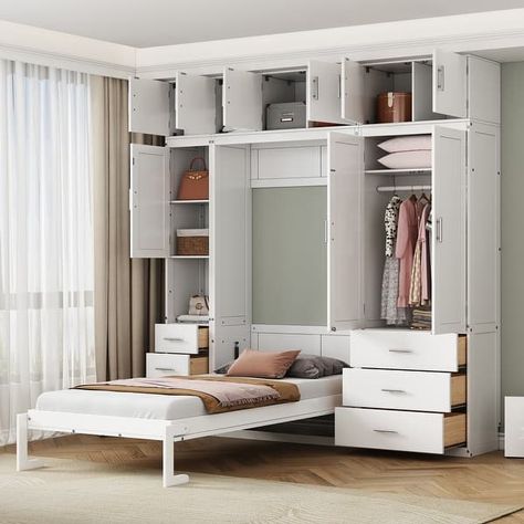 Murphy Bed With Clothes Storage, Twin Size Murphy Bed, Bed With Wardrobe, Modern Murphy Beds, Bed Legs, Bed Shelves, Wardrobe Drawers, Cabinet Bed, Folding Beds