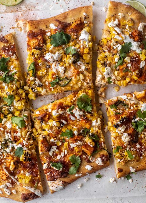 Street Corn Pizza with Chili Lime Chicken Street Corn Pizza, Chicken Street Corn, Chicken Tortellini Salad, Pizza With Corn, Corn Flatbread, Mini Meatball Soup, Summer Squash Pasta, Corn Pizza, Dump Recipes