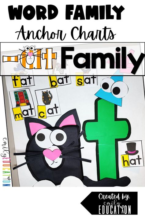 Adorable short vowel practice with this interactive anchor chart when teaching the word family -at. Students turn the at into a cat and a hat with you! You then put together word cards and add them to the chart. Also comes with cards for students to add their own drawings. They then get to make their own at family craft in student size with a writing practice activity with multiple options for writing the -at words (trace, blank, just write the first letter). Family Anchor Chart, At Word Family, Interactive Anchor Charts, Vowel Practice, Cards For Students, Student Crafts, Classroom Anchor Charts, Teaching Letters, Word Family